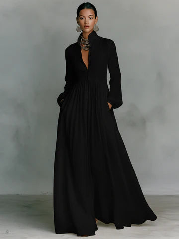 Vestido largo de lino con retazos y cuello mao