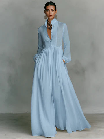 Vestido largo de lino con retazos y cuello mao