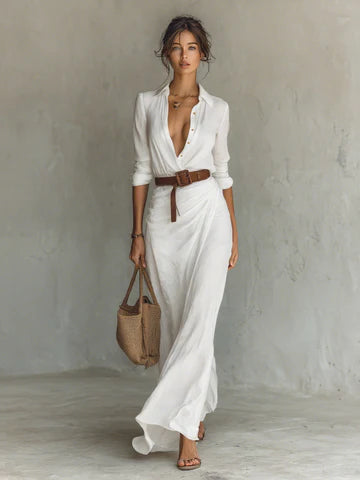 Vestido largo con cuello de solapa y manga larga