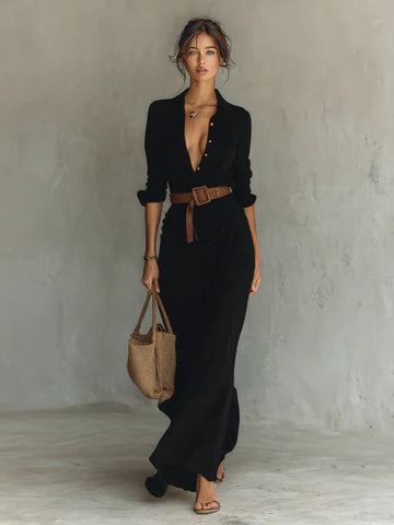 Vestido largo con cuello de solapa y manga larga