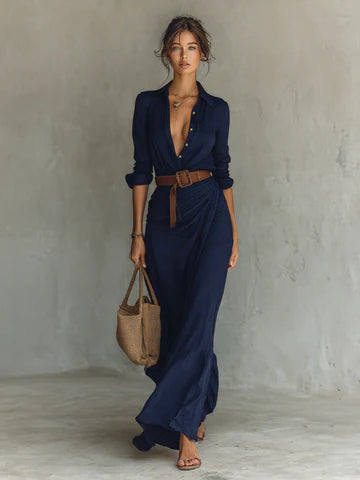 Vestido largo con cuello de solapa y manga larga