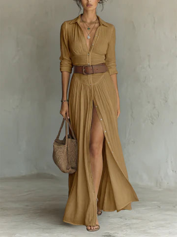 Vestido largo de lino con cuello de solapa con muesca y mangas largas. Precio normal