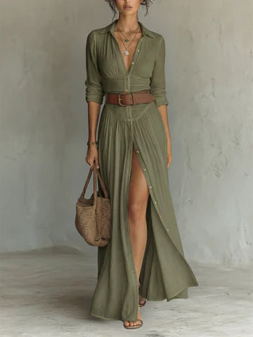 Vestido largo de lino con cuello de solapa con muesca y mangas largas. Precio normal