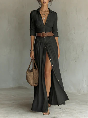 Vestido largo de lino con cuello de solapa con muesca y mangas largas. Precio normal
