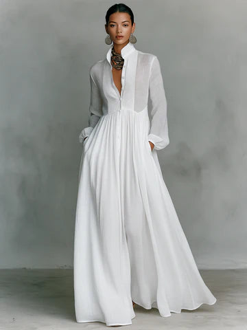 Vestido largo de lino con retazos y cuello mao