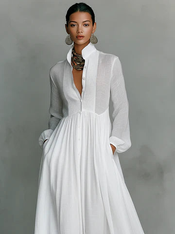 Vestido largo de lino con retazos y cuello mao
