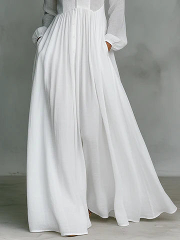 Vestido largo de lino con retazos y cuello mao