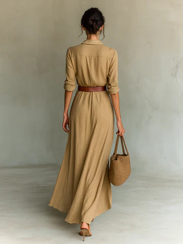 Vestido largo con cuello de solapa y manga larga